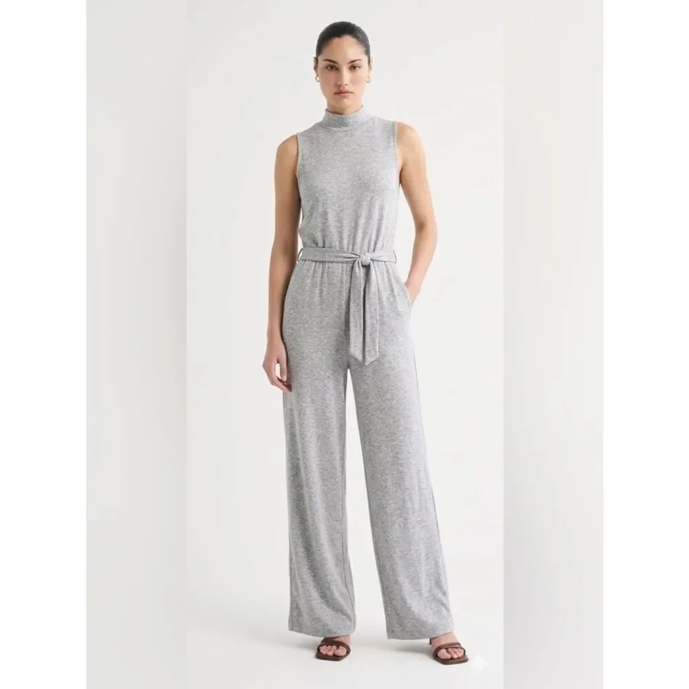 Marc New York Grey Sleeveless Jumpsuit Size M Soft Knit Tie Waist Pockets